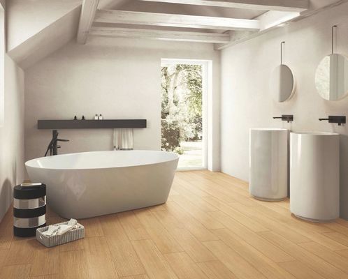 खरीदें एएए ग्रेड 150x900mm भूरा पीला लकड़ी के चीनी मिट्टी के बरतन टाइल स्ट्रिप्स ऑनलाइन निर्माण